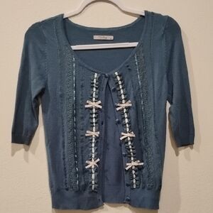 Darling Teal Sweater with Bow Accents